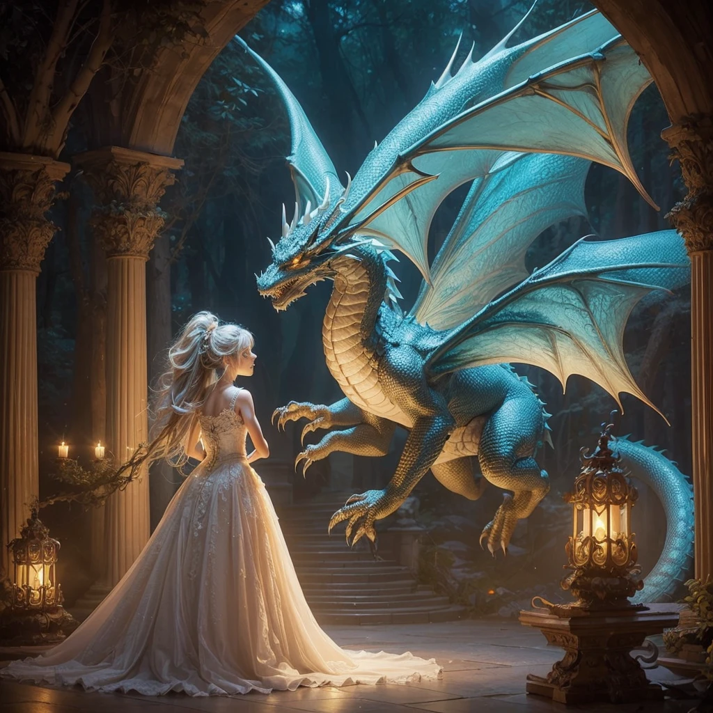An imposing and frightening dragon in the middle of a forest, looks closely at a single beautiful flower that holds a dragon egg in its core.