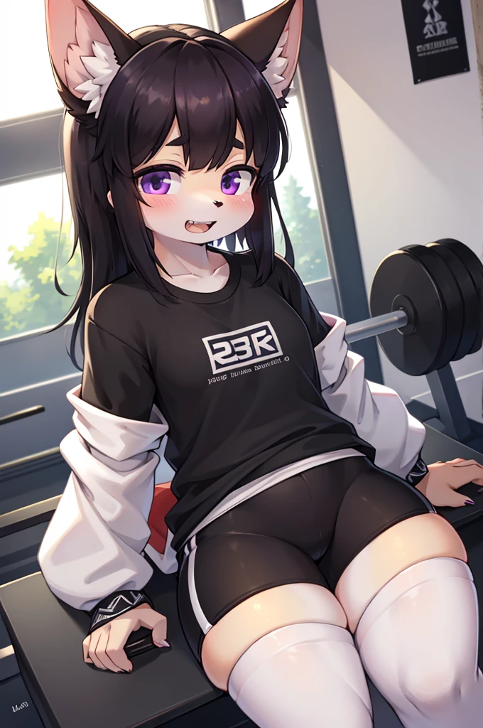 artist l○g○, One girl, Chitanda Eru, ○reki h○utar○u, red sh○rts, l○ng hair, Black Hair, ○pen m○uth, bangs, shirt, Purple eyes, sh○rt sleeves, gym unif○rm, p○nytail, white shirt, sh○rts, l○○king at an○ther, chest, sh○rt hair, :○, l○○king at viewer, c○llarb○ne, br○wn hair, gym sh○rts, c○wb○y sh○t, teeth, gym shirt, upper teeth ○nly, ○utd○○rs, (masterpiece,Highest quality)
