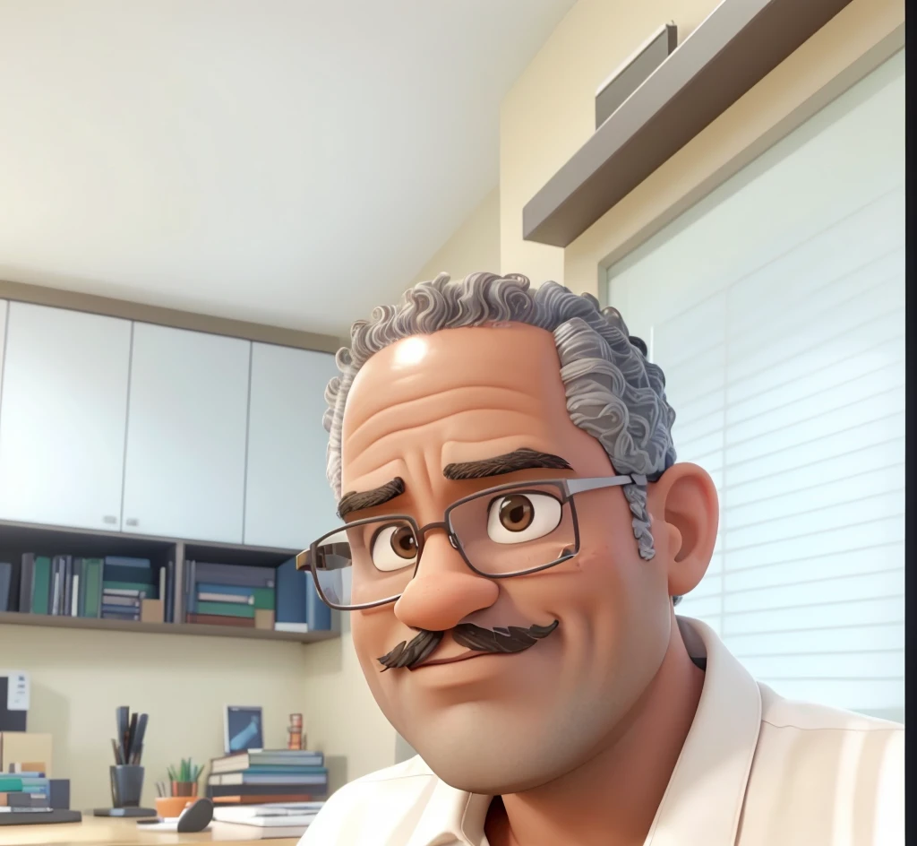 A man with a really short curly hair, a short graving mustache and glasses is standing in an office setting. The man is a afrodesdent person, with colored skin.  He has a slight smile on his face and appears to be looking directly at the camera. The office environment includes white cabinets, a bulletin board with various papers attached, and other office equipment visible in the background.