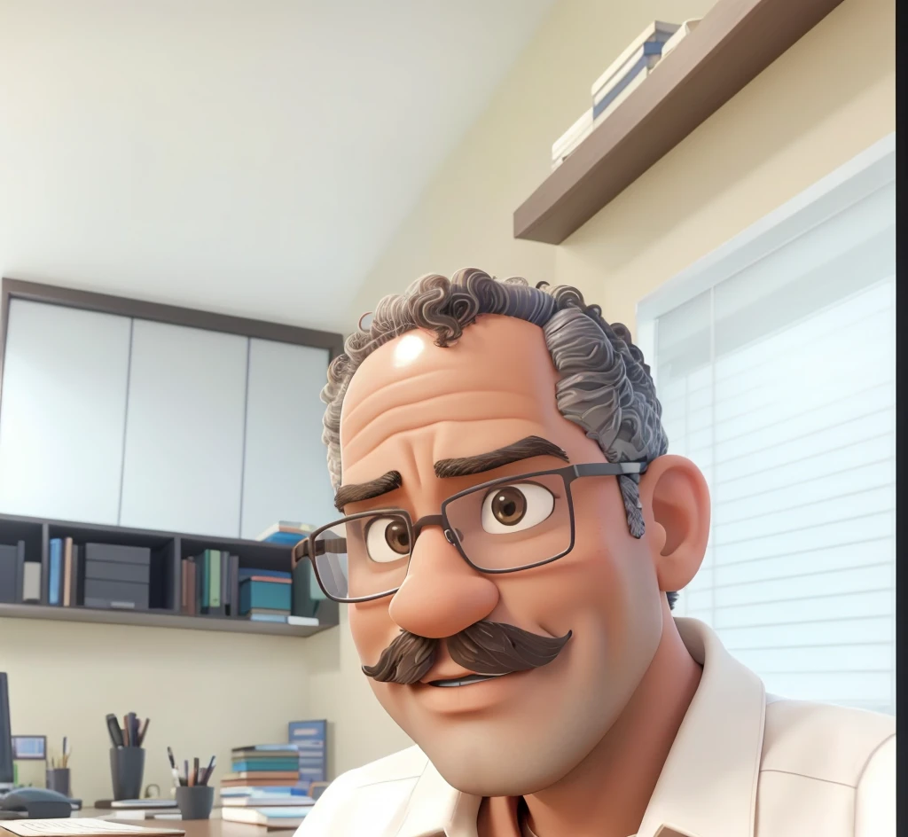 A man with a really short curly hair, a short graving mustache and glasses is standing in an office setting. The man is a afrodesdent person, with colored skin.  He has a slight smile on his face and appears to be looking directly at the camera. The office environment includes white cabinets, a bulletin board with various papers attached, and other office equipment visible in the background.