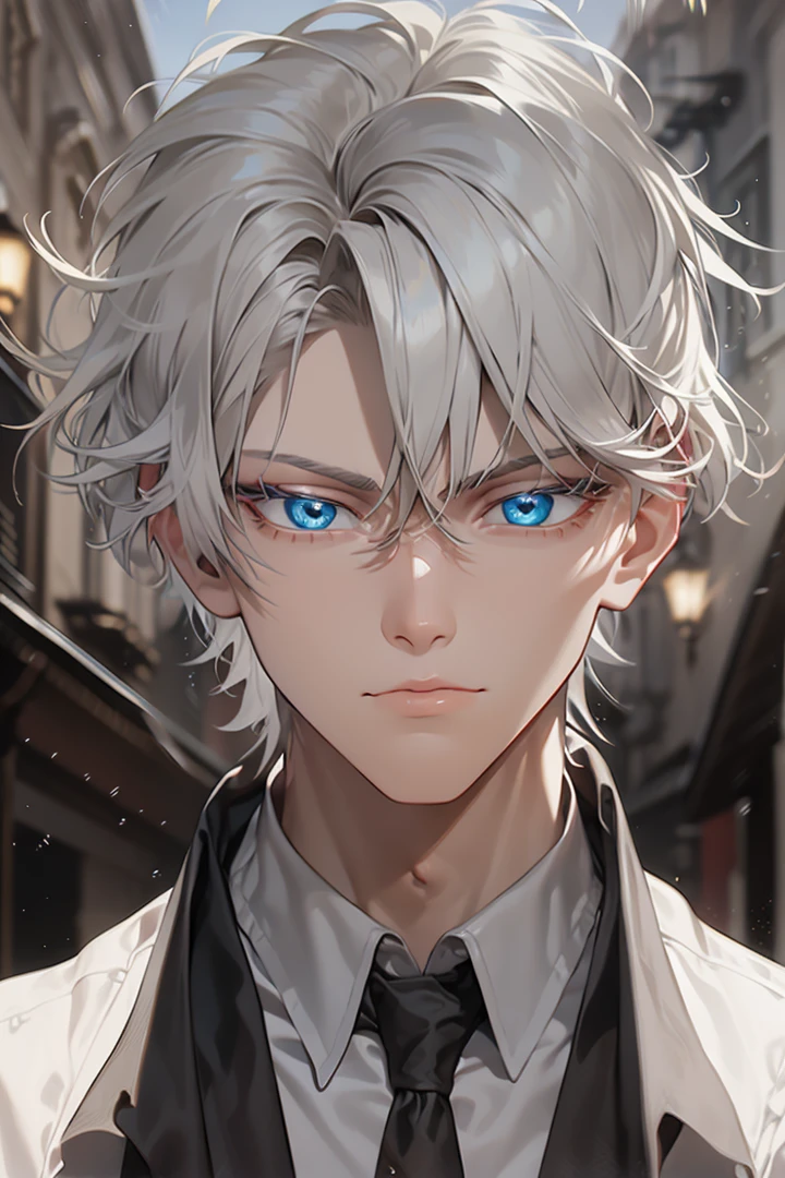 masterpiece, 8k, ((shadow and light effects)), Anime boy in tie and jacket, Smooth Anime CG Art, tall anime man with silver eyes, Anime Boy, Detailed Digital Anime Art, semi realistic anime, Realistic anime art style, made with anime painter studio, Beautiful Anime Portrait, anime style portrait, digital anime art, digital art in anime style, Anime Realism Style, anime handsome guy, full power ((effect)), ((serious countenance)), a small scar on the seat of the mouth