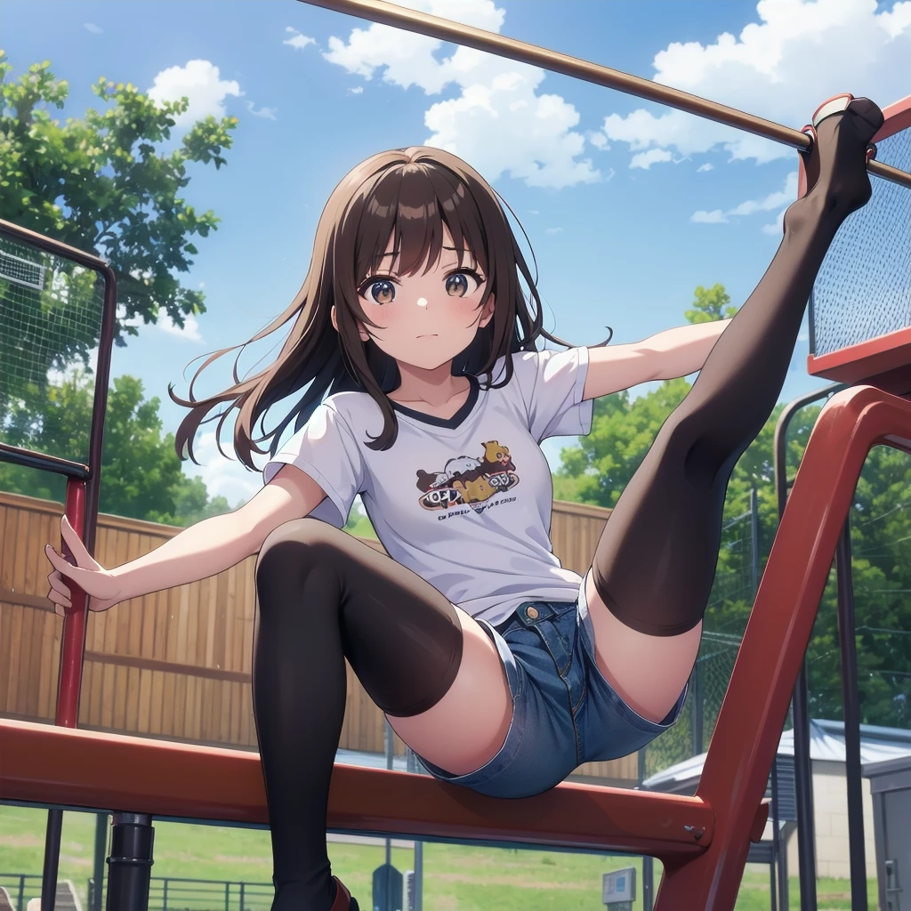Highest quality, 8k, Junior high school girl, long brown hair, small Breasts, Horizontal bar, Forward upward circling, Lift your legs, Horizontal bar にぶら下がる, T-Shirts, Denim shorts, black knee high stockings, playground