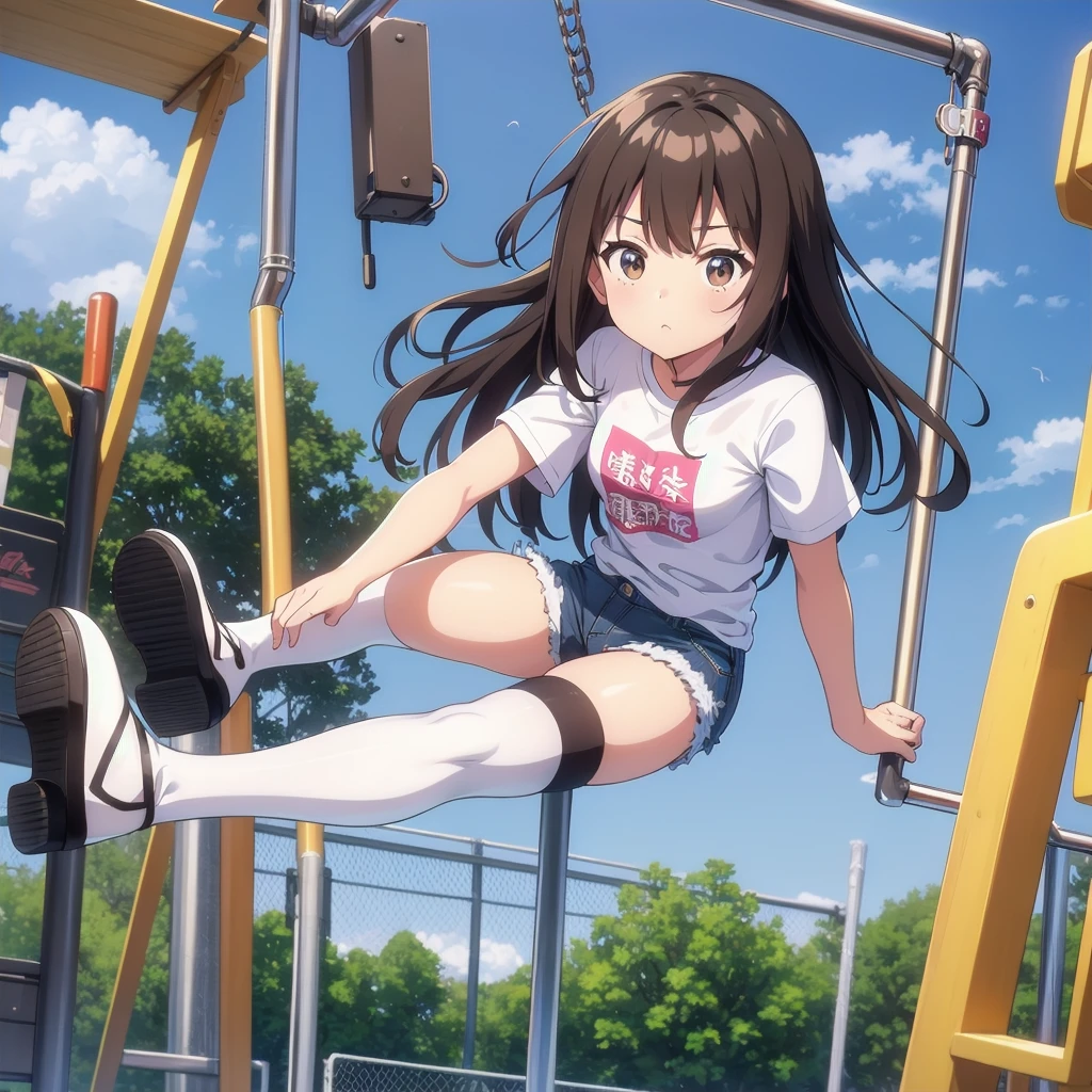 Highest quality, 8k, Junior high school girl, long brown hair, small Breasts, Horizontal bar, Forward upward circling, Lift your legs, Horizontal bar にぶら下がる, T-Shirts, Denim shorts, black knee high stockings, playground