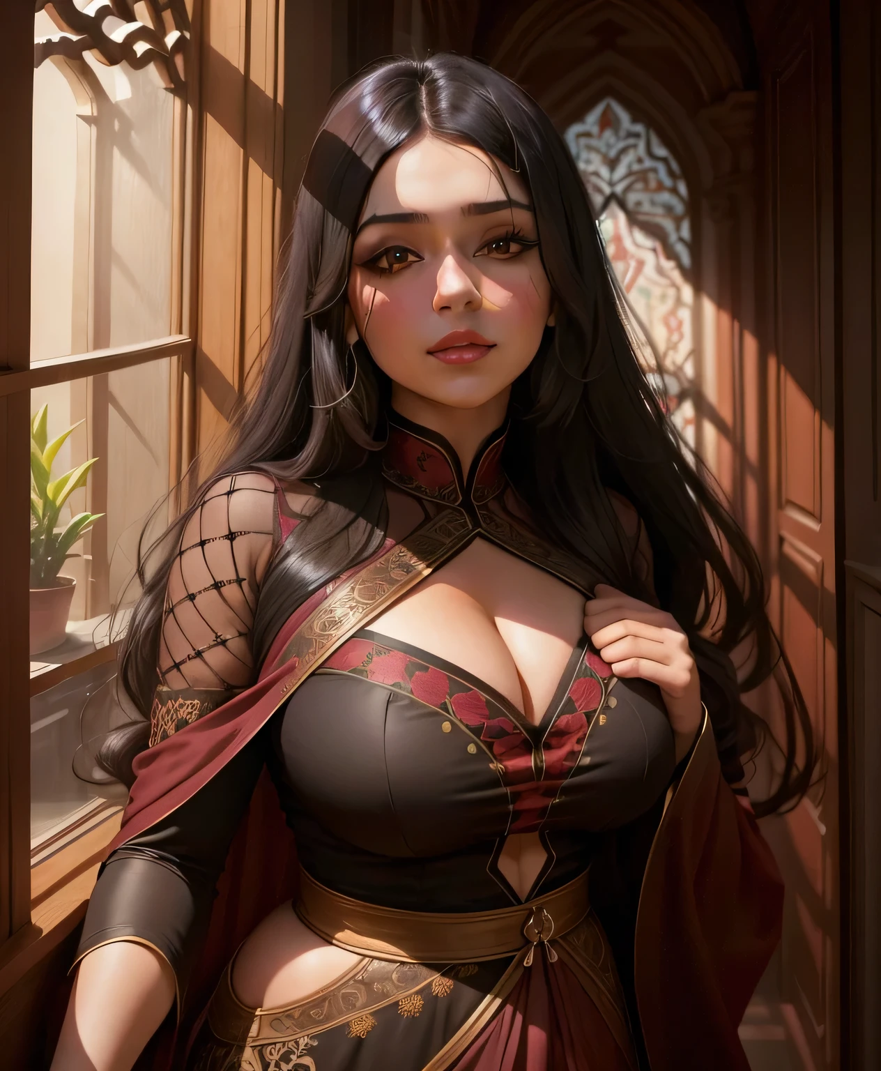 Amazing portrait of a beautiful woman with detailed facial features and long black hair wearing a sheer maroon kurta with black embroidery showcasing her curvy figure and her medium chest with cleavage as she stands in front of a window with natural light beaming through it making her look like a goddess