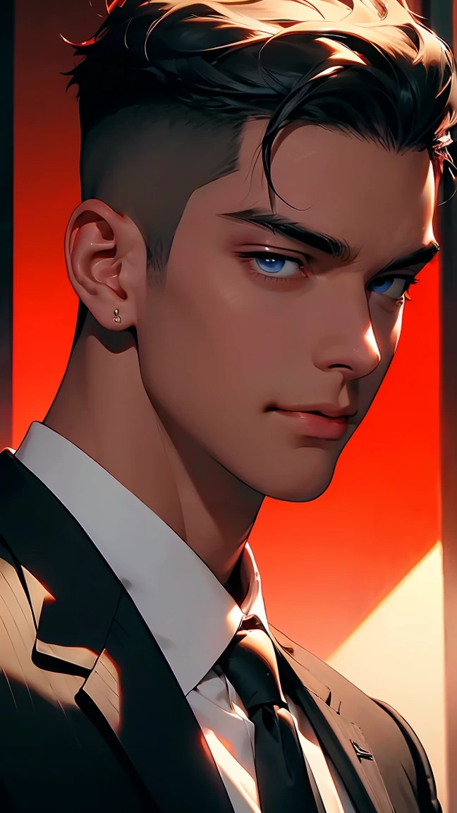 highest quality, 8K, high resolution image, anime style Jujutsu Kaisen, detailed strokes, slightly tanned skin, blurry, purple light reflecting from it, (close angle), 1 man, young, male, model, cool guy, muscular, shaved body, smile, blue Eyes, brown very short hair, brown hair, short hair, hairstyle: undercut, hair slicked back, swollen chest, He wears a white shirt with a gold link chain, a black suit, one hand in his pocket, he has a casual but professional look, background: he is a CEO and is at an IT presentation event lots of people on the road, Business event, business meeting, Presentation of the latest products