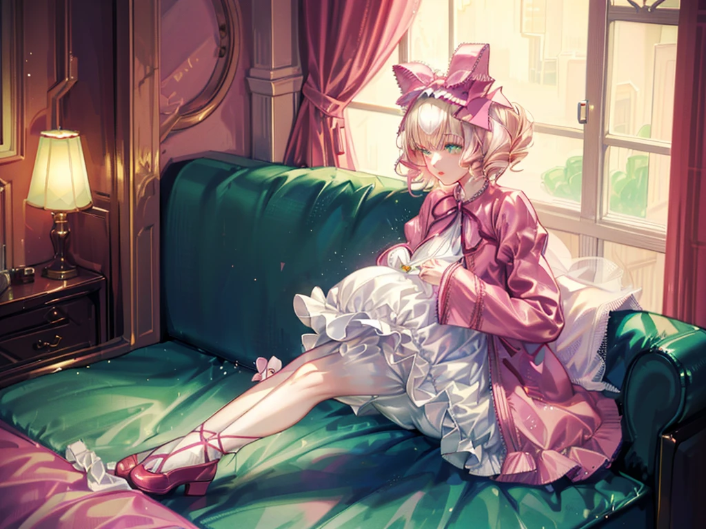 hair bow, pink ribbon, drill hair, green eyes, short hair, pink dress, white bloomers, white pantyhose, hinaichigo, (masterpiece, Absurd quality, Highest quality, Official Art, beautifully、aesthetic:1.2), 16K, Cute  girl, Very detailed, Digital Art, colorful, Most detailed, Bright colors, (Conversion Sequence), , Cinema Lighting, Dynamic Angle, landscape, scenery, (difficult:1.5), (One girl:1.5), (indoor:1.5), Bedroom, lamp, (Hotel Rooms:1.3), (Very detailed lips:1.3), eyelash, Very detailed顔, (Perfect Legs, Perfect hands, Perfect Anatomy：1.1), Depth of written boundary, Speckled sunlight, Beautiful lighting, Little,