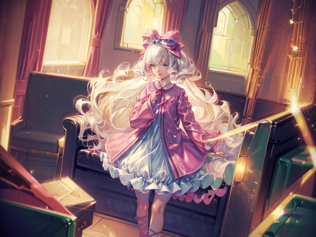 hair bow, pink ribbon, drill hair, green eyes, short hair, pink dress, white bloomers, white pantyhose, hinaichigo, (masterpiece, Absurd quality, Highest quality, Official Art, beautifully、aesthetic:1.2), 16K, Cute girl, Very detailed, Digital Art, colorful, Most detailed, Bright colors, (Conversion Sequence), Baby Face, Cinema Lighting, Dynamic Angle, landscape, scenery, (difficult:1.5), (One girl:1.5), (indoor:1.5), Bedroom, lamp, (Hotel Rooms:1.3), (Very detailed lips:1.3), eyelash, Very detailed顔, (Perfect Legs, Perfect hands, Perfect Anatomy:1.1), Depth of written boundary, Speckled sunlight, Beautiful lighting, Little,