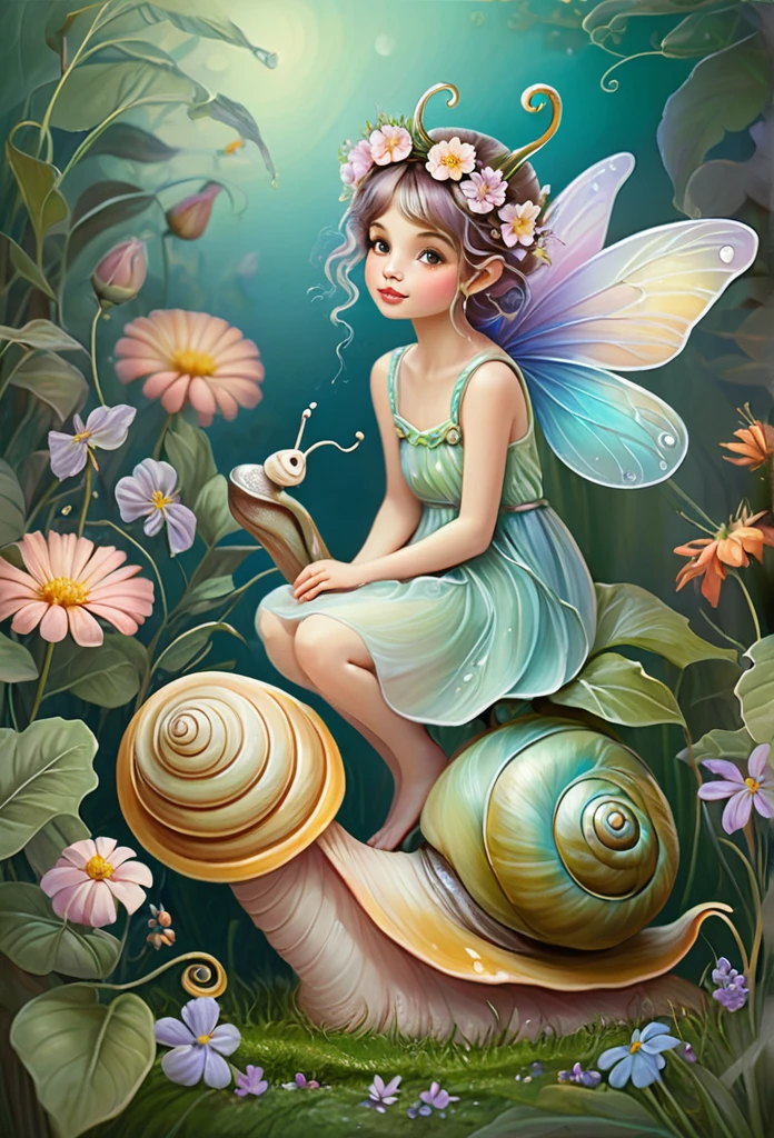 Beautiful tiny fairy sitting on a snail,flowers,vines,grass(high quality),(refined details),(art work),(pastel painting),(fantasy style)