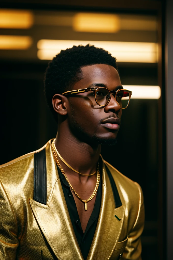 young black men wearing gucci with gold diamonds glasses , 4:3, photo 12k resolution hash flash lighting, shot on ALEXA 65, Velvia 100 , underexposed, Voigtlnder Nokton 50mm f1.1, in the style of Martin Nikon Z 8 with Zoom Lens | with 24-120mm