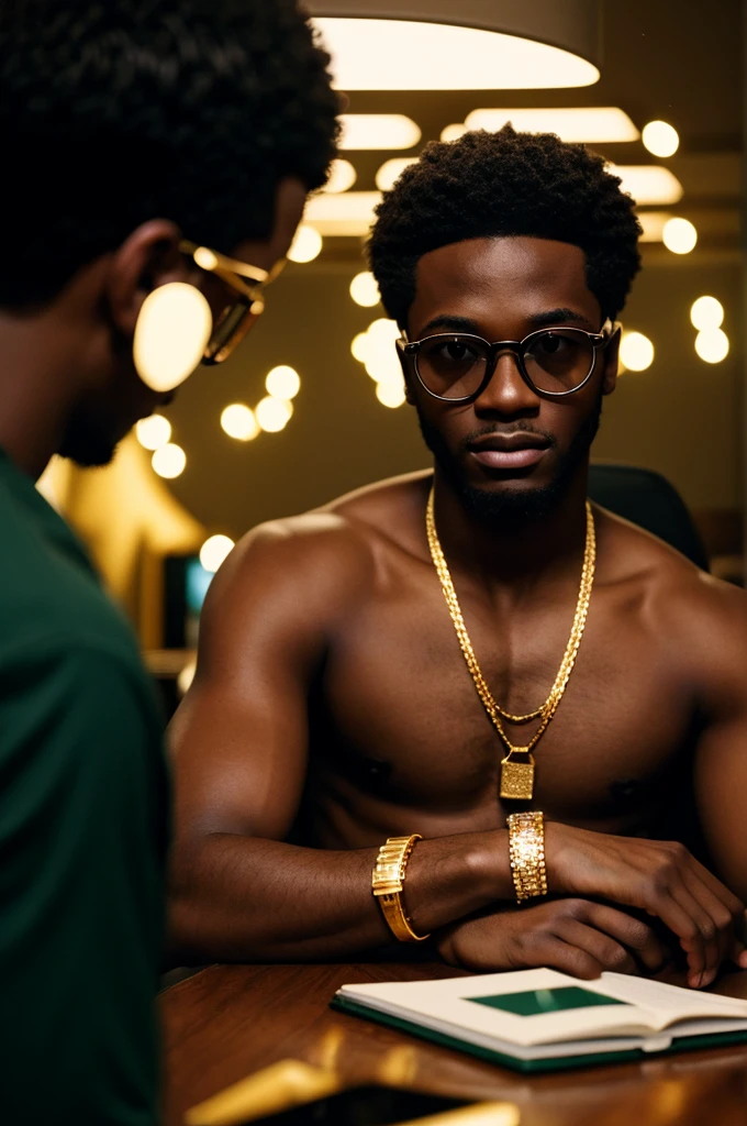 young black men wearing gucci with gold diamonds glasses , 4:3, photo 12k resolution hash flash lighting, shot on ALEXA 65, Velvia 100 , underexposed, Voigtlnder Nokton 50mm f1.1, in the style of Martin Nikon Z 8 with Zoom Lens | with 24-120mm