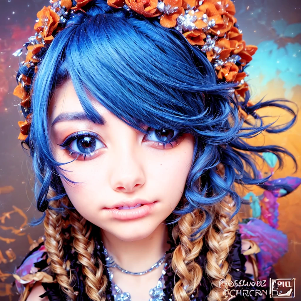 Close-up of a woman with colorful hair and necklace, anime girl with cosmic hair, Rossdraws' soft vitality, Guvez style artwork, fantasy art style, colorful], Halloween illustration, vibrant fantasy style, Rossdraws cartoon full of vitality, cosmic and colorful, Guweiz, colorful digital fantasy art, stunning art style, beautiful anime style, full body lighting, skin brightening, sexy expression, shot with sony alpha 7, DSLR camera
