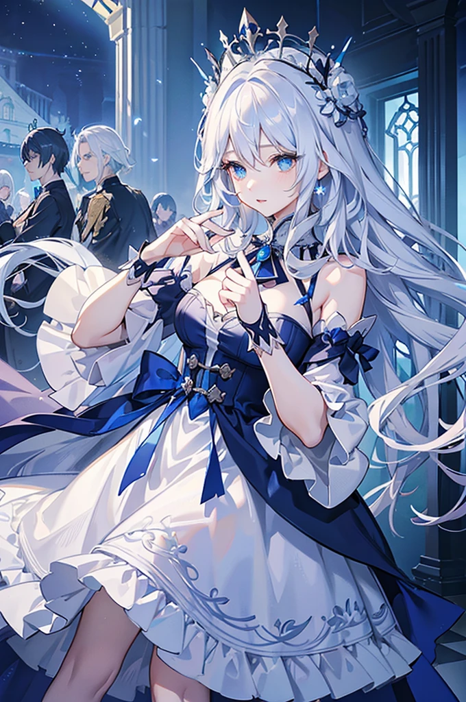 A woman with white hair and blue eyes、adult、Long, fluffy wavy hair、Braiding、Wearing hair ornaments、Princess、White gloves、blue and white lace dress、Putting index finger on lips、Fantasy