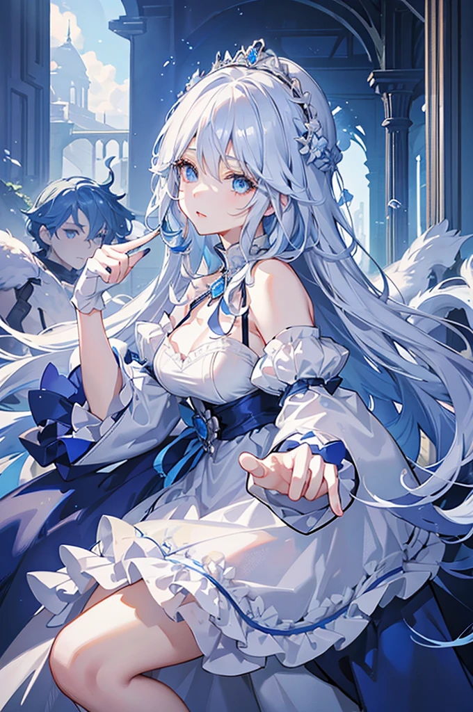 A woman with white hair and blue eyes、adult、Long, fluffy wavy hair、Braiding、Wearing hair ornaments、Princess、White gloves、blue and white lace dress、Putting index finger on lips、Fantasy