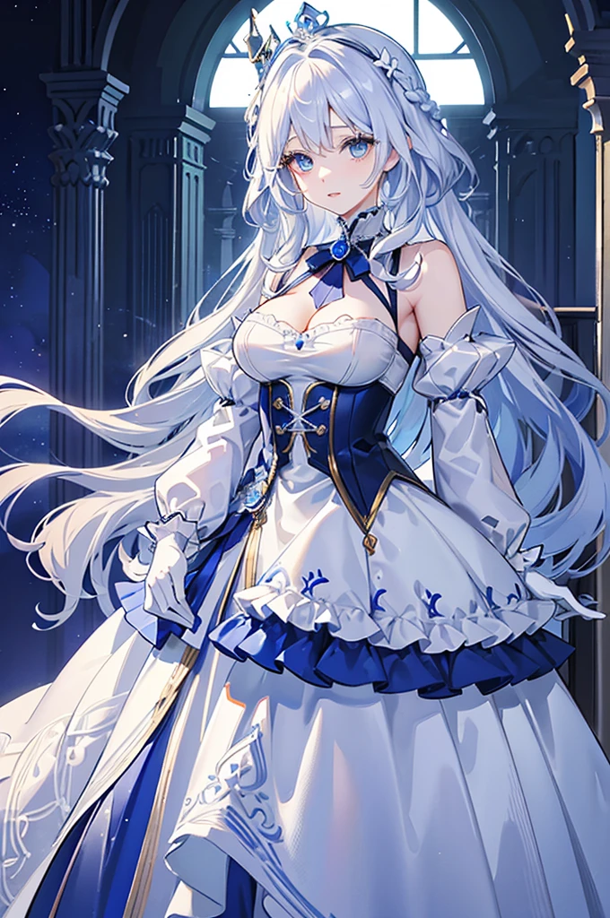 A woman with white hair and blue eyes、adult、Long, fluffy wavy hair、Braiding、Wearing hair ornaments、Princess、White gloves、blue and white lace dress、Putting index finger on lips、Fantasy