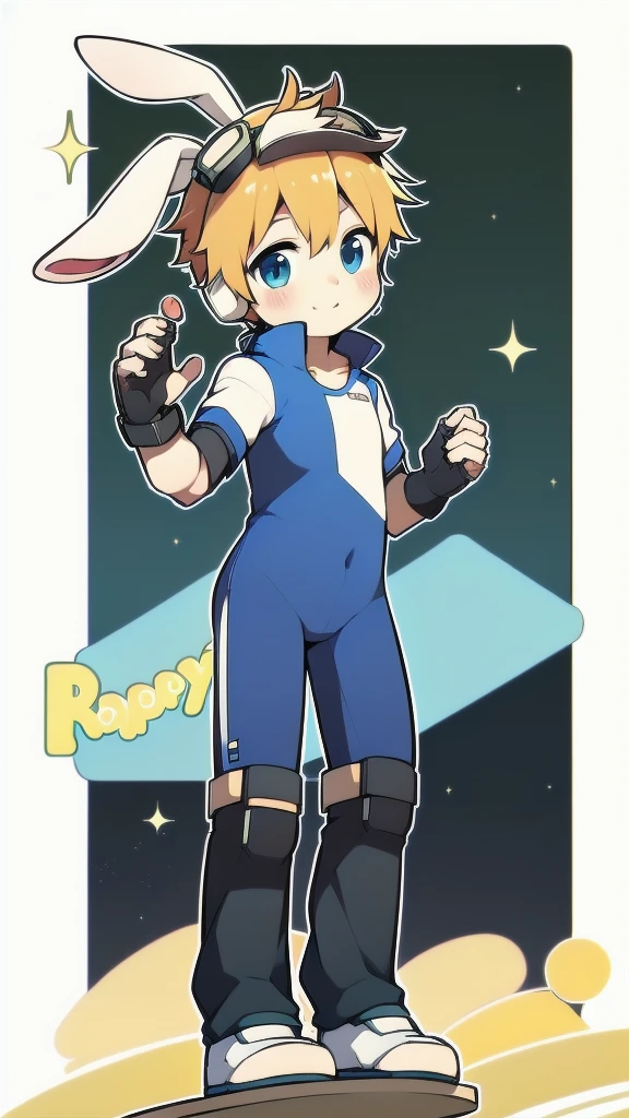 ((A young boy)),(Youthful feeling),One-piece mountaineering suit,Goggles,Fingerless gloves,Cotton socks,Short sleeve,stand up,happy,Rabbit ears