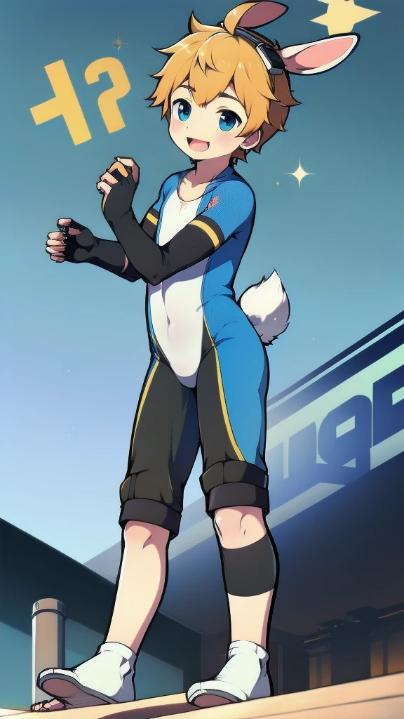 ((A young boy))，(Youthful feeling)，One-piece mountaineering suit，Goggles，Fingerless gloves，Cotton socks，Short sleeve，stand up，happy，Rabbit ears
