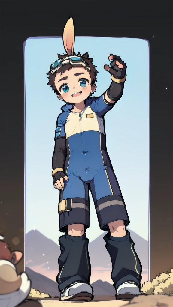 ((A young boy)),(Youthful feeling),One-piece mountaineering suit,Goggles,Fingerless gloves,Cotton socks,Short sleeve,stand up,happy,Rabbit ears