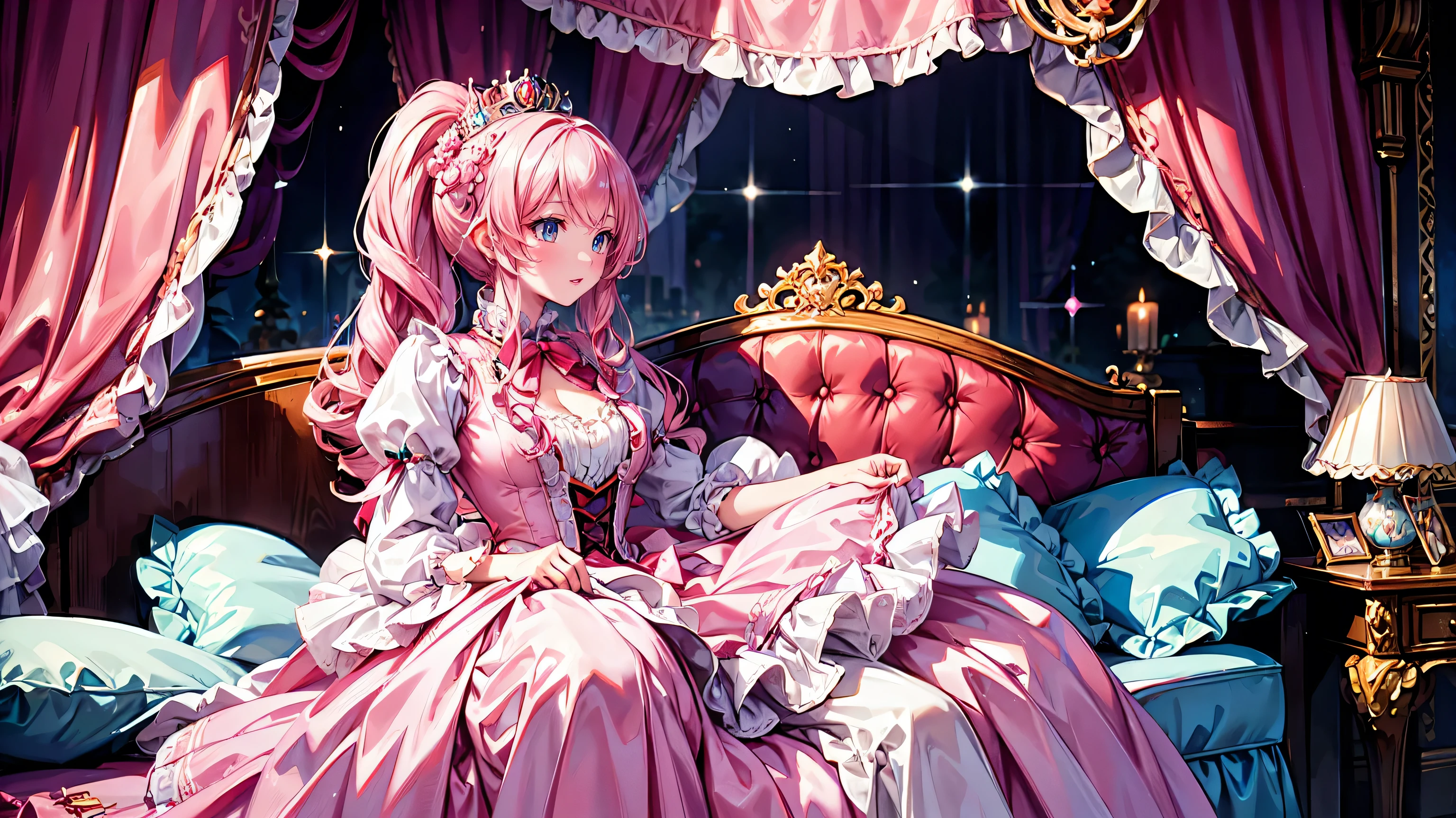 anime moe art style, (Masterpiece, ultra detailed, top quality), (((young face solo princess))), (dress hot pink dres), (((ultra gorgeous rococo victorian gown with volumious hoopskirt and long hems, princess style skirt))), ((huge breasts)), (hair pink hair), (fluffy long ponytail), Expressive hair, very voluminous and very long hair, bangs, super delicate and beautiful face, beautiful lips, (hyper detail delicate beautiful eyes blue eyes), breasts cleavage, beautiful silver tiara, full body, (Palace bedroom, huge victorian canopy bed, pink bedspread with ruffles, fluffy pillows with ruffles, luxurious ruffled pink curtains), 