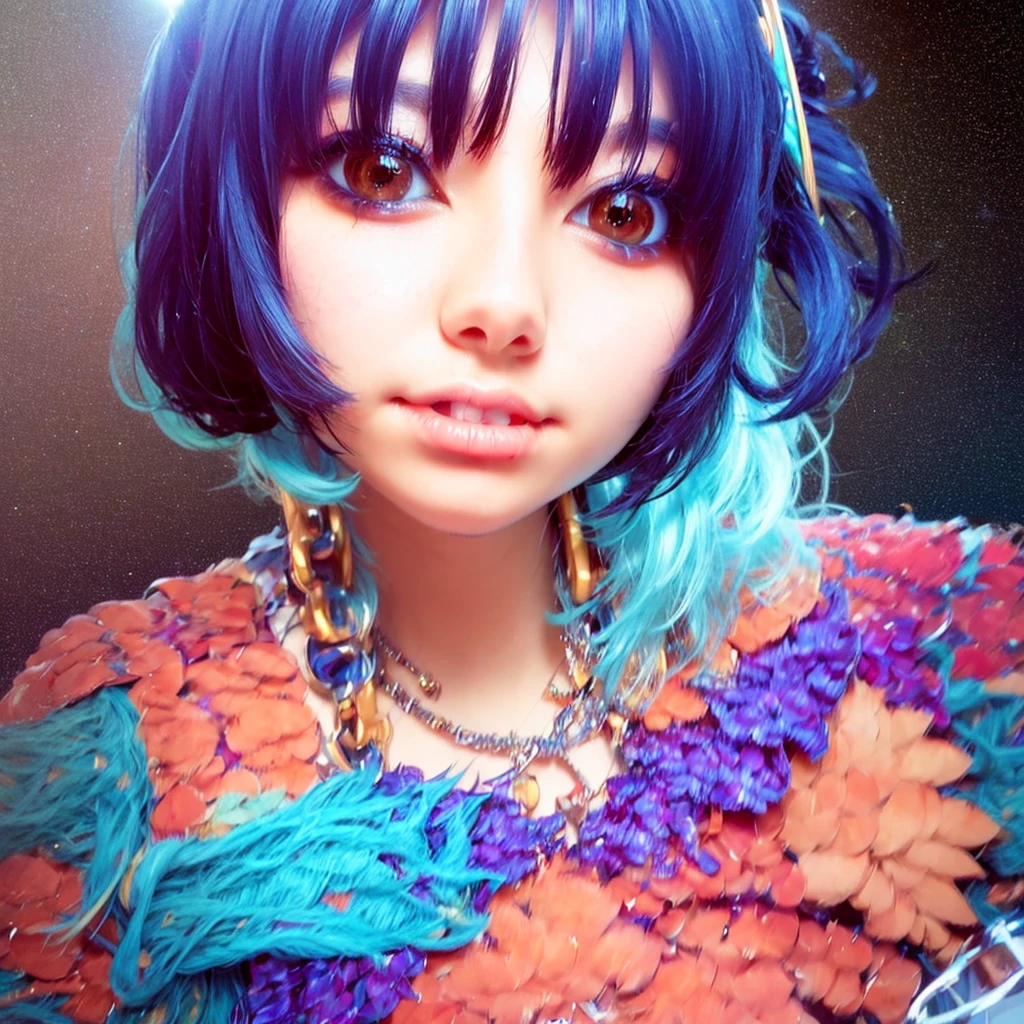 Close-up of a woman with colorful hair and necklace, anime girl with cosmic hair, Rossdraws' soft vitality, Guvez style artwork, fantasy art style, colorful], Halloween illustration, vibrant fantasy style, Rossdraws cartoon full of vitality, cosmic and colorful, Guweiz, colorful digital fantasy art, stunning art style, beautiful anime style, full body lighting, skin brightening, sexy expression, shot with sony alpha 7, DSLR camera