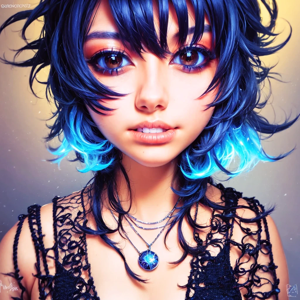Close-up of a woman with colorful hair and necklace, anime girl with cosmic hair, Rossdraws' soft vitality, Guvez style artwork, fantasy art style, colorful], Halloween illustration, vibrant fantasy style, Rossdraws cartoon full of vitality, cosmic and colorful, Guweiz, colorful digital fantasy art, stunning art style, beautiful anime style, full body lighting, skin brightening, sexy expression, shot with sony alpha 7, DSLR camera