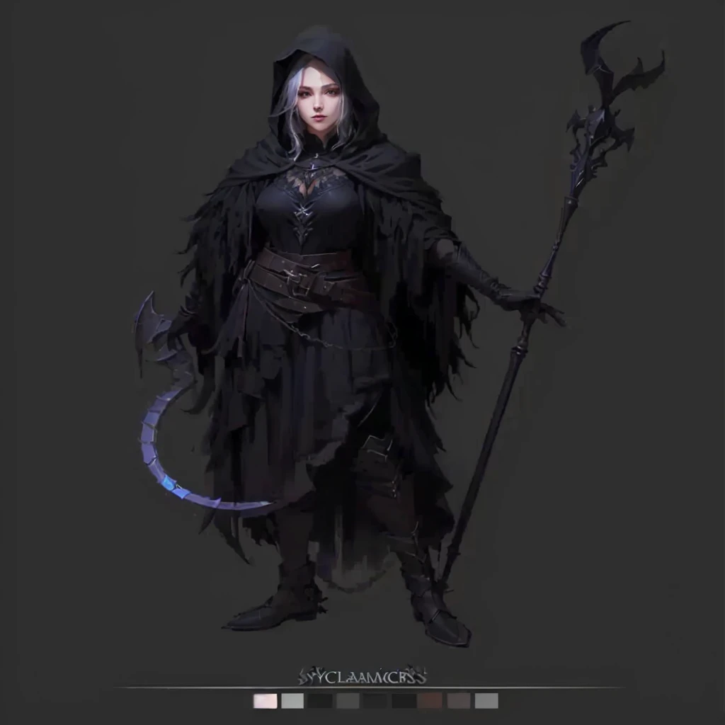 a woman in a black outfit holding a large scyther, dark fantasy character design, dark witch character, dark sorceress full view, dark cloaked necromancer, female necromancer, human :: sorceress, necromancer sorceress, dark concept art, full body concept, dark sorceress fullbody pose
