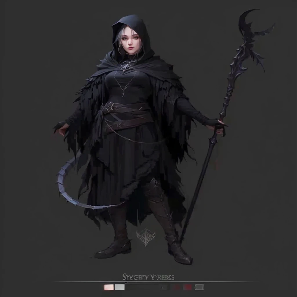 a woman in a black outfit holding a large scyther, dark fantasy character design, dark witch character, dark sorceress full view, dark cloaked necromancer, female necromancer, human :: sorceress, necromancer sorceress, dark concept art, full body concept, dark sorceress fullbody pose