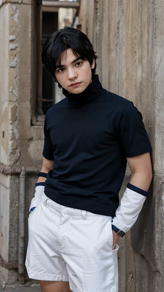 Young Boy, black hair, black eyes, blue high-neck blouse, white Men's shorts .