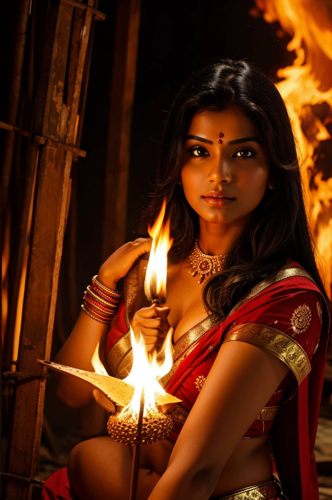 A indian women beutiful fire background 