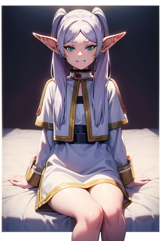 Cross-legged on the bed, with transparent white shirt, mischievous grin , elf ears ,