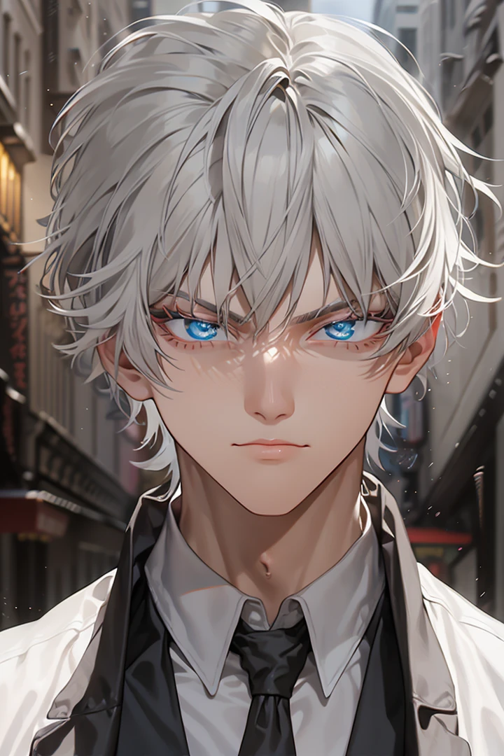 masterpiece, 8k, ((shadow and light effects)), Anime boy in tie and jacket, Smooth Anime CG Art, tall anime man with silver eyes, Anime Boy, Detailed Digital Anime Art, semi realistic anime, Realistic anime art style, made with anime painter studio, Beautiful Anime Portrait, anime style portrait, digital anime art, digital art in anime style, Anime Realism Style, anime handsome guy, full power ((effect)), ((serious countenance)), a small scar on the seat of the mouth