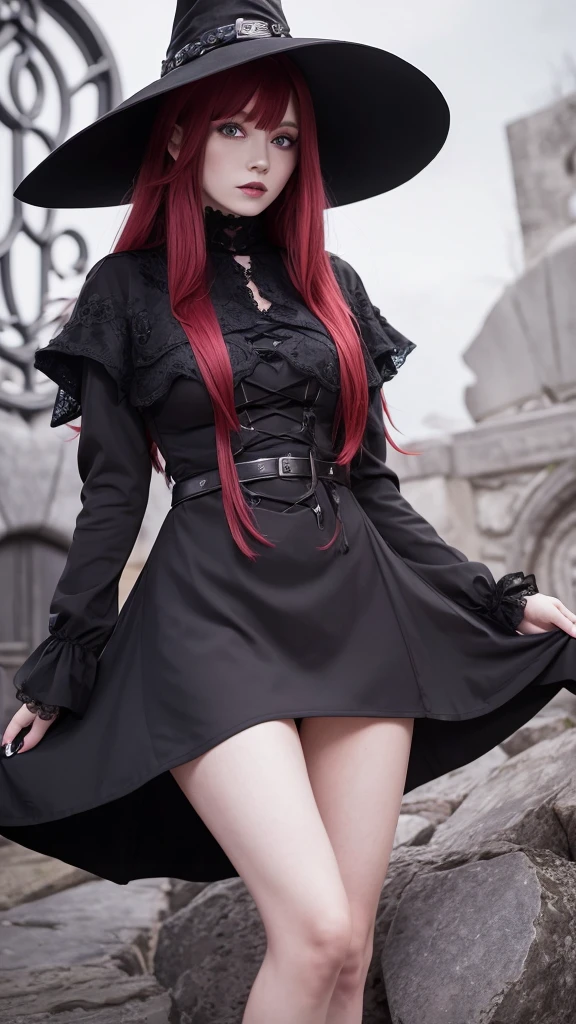 a witch-like woman with red hair, purple eyes and white skin wearing a black dress