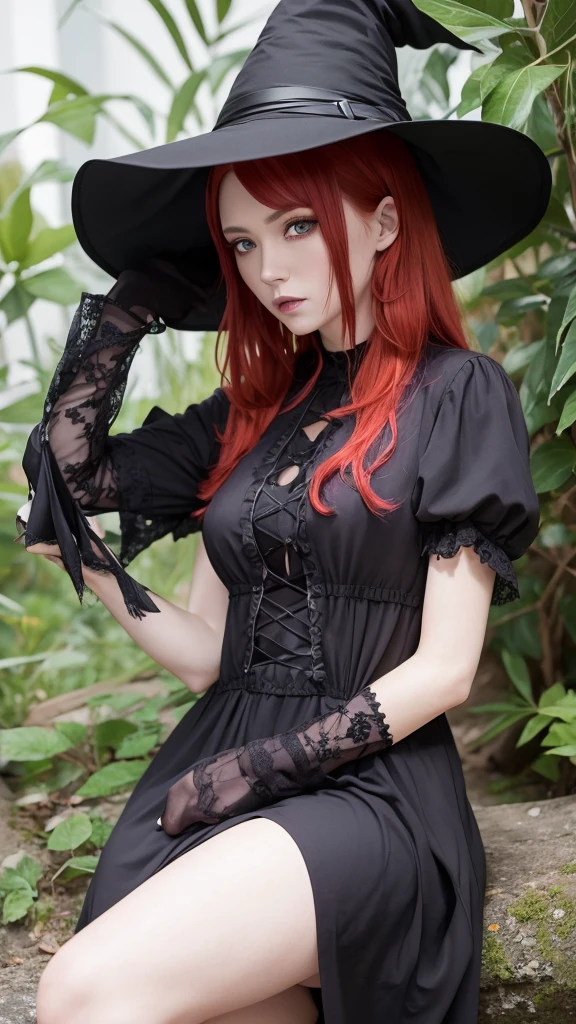 a witch-like woman with red hair, purple eyes and white skin wearing a black dress