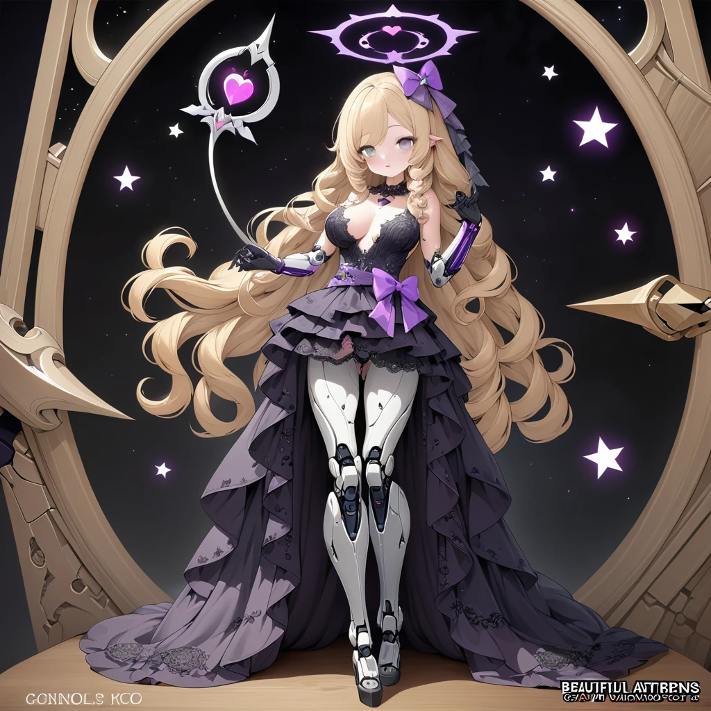 Woman 170cm tall, big chest, wide hip. (character design sheet: front view). (blonde hair, hip length curly wavy hair, It is placed in a side bang, She has a short braid tied with an elegant purple bow on the left side of her hair.. She has a short braid tied with an elegant purple bow on the right side of her hair. She has small ribbons in the back of her hair.). Gray eyes with a purple 4-pointed star in the pupil. Two black and purple serval ears located on the top of the head. Luminous black halo with purple star patterns above his head. black necklace with a heart emblem on the neck. (Elegant one-piece long dress with lace and ruffle skirt, ribbon decorations and star patterns on the dress). black gloves, beautiful black platform heels. gray belt at the waist with a large ribbon with a luminous pink heart in the middle. He has a complex demon tail with a small purple star on the tip.. (It has complex mechanical legs that reach up to the thighs and are black with small purple details.). beautiful detailed hair, beautiful detailed dress. extremely detailed arms. extremely detailed face, small face, Beautiful detailed eyes, beautiful detailed lips. adorable. extremely detailed legs. (Best Quality, 4k, 8k, high resolution), ultra detailed, Exquisite and epic character art.