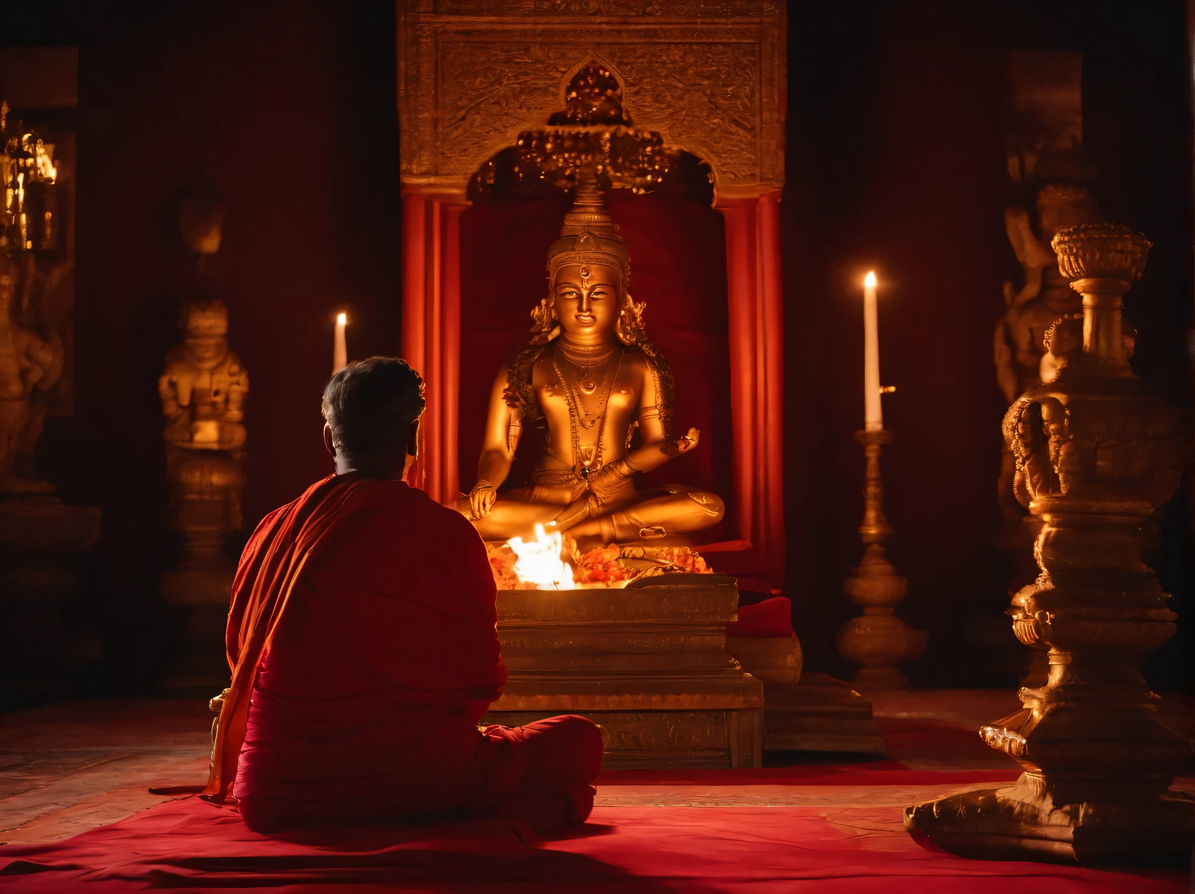 In a dark room, a 50-year-old man wearing a red cloth is sitting on the floor performing yajna at the yajna altar. Only the back of the man is visible. The dark room is dimly illuminated by the light of the sacrificial fire. On the wall in front of the manor is a statue of Hindu goddess Devi Dhumabati, seated on Padmasana. The whole view will be in top angle.