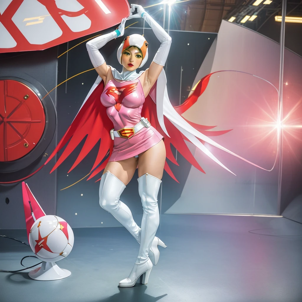 ANI_CLASSIC_jun_gatchaman_ownwaifu,1girl, 15 years old,good anatomy, masterpiece, best quality,realistic, hyperrealistic, 16k hdr,breasts,green eyes,lips,large breasts,lipstick,makeup,gloves,cape,helmet,belt,elbow gloves,white gloves,mask,ultra miniskirt,leotard,spacesuit,white tight overknee highheels boots,pink dress,superhero,bodysuit,cleavage,erected nipples,((standing pose,spread legs, arms up straight)),cameltoe