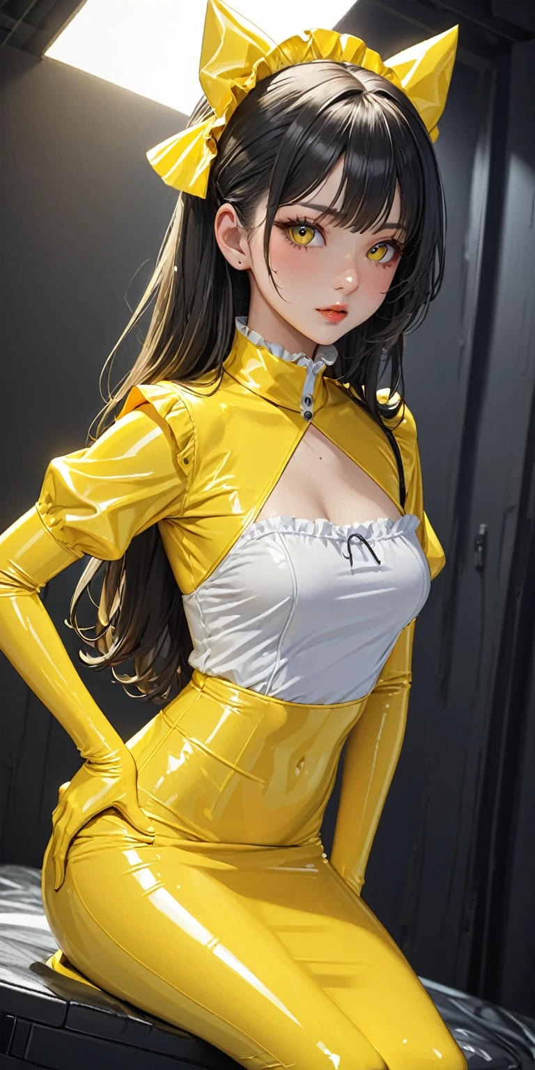 Portraiture、(masterpiece,Highest quality,Ultra-high resolution),Japanese women, (((Very beautiful 25 year old girl))),(Bright yellow latex maid outfit)、((Bright yellow latex long skirt))、(A long-sleeved bright yellow latex shirt covering the upper body)、Bright yellow latex gloves、Bright yellow latex socks、Bright yellow latex bodysuit、Frills、The clothes fit snugly to the body、Latex is very shiny、Dark Room、