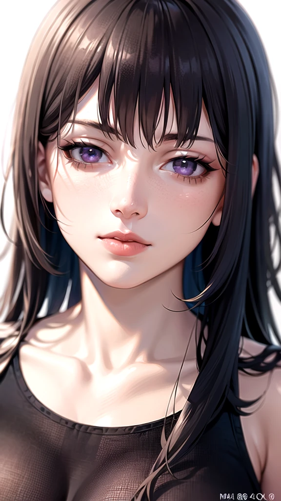 a beautiful detailed girl with long straight black hair, purple eyes, wearing a black dress, close-up portrait, half-body, pale skin, gorgeous, beautiful, white background, (best quality, 4k, 8k, highres, masterpiece:1.2), ultra-detailed, (realistic, photorealistic, photo-realistic:1.37), high quality, masterpiece, detailed