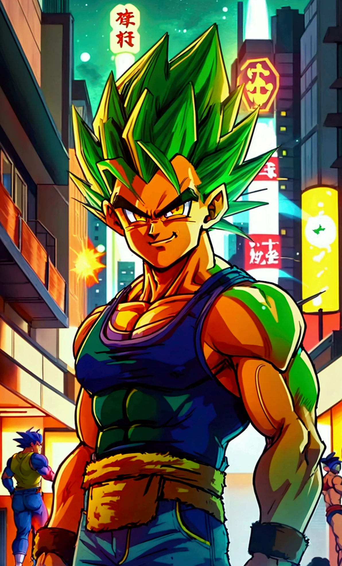 full-body Portrait, young muscular bulky brawny, saiyan monkey tail, Full power Legendary Super Saiyan, glowing all green hair, thick eyebrows, glowing yellow eyes, subtle grin, attack stance, tank top and jeans, night with city in the background, solo,