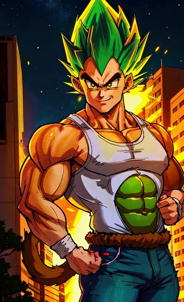 full-body Portrait, young muscular bulky brawny, saiyan monkey tail, Full power Legendary Super Saiyan, glowing all green hair, thick eyebrows, glowing yellow eyes, subtle grin, attack stance, tank top and jeans, night with city in the background, solo,