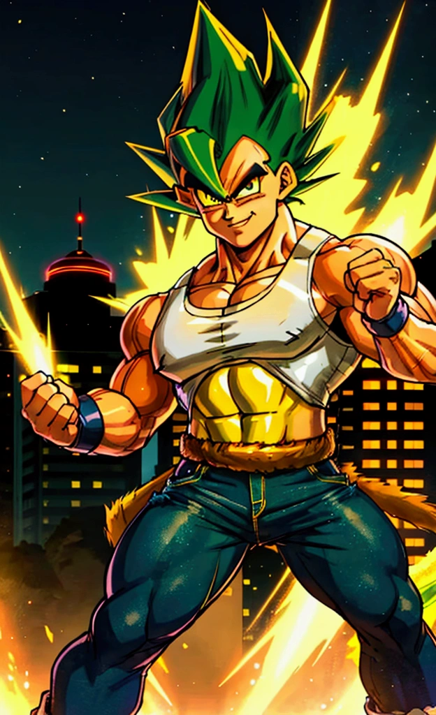 full-body Portrait, young muscular bulky brawny, saiyan monkey tail, Full power Legendary Super Saiyan, glowing all green hair, thick eyebrows, glowing yellow eyes, subtle grin, attack stance, tank top and jeans, night with city in the background, solo,