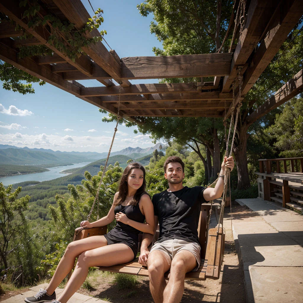 girl and guy sitting on a swing near a mountain cliff