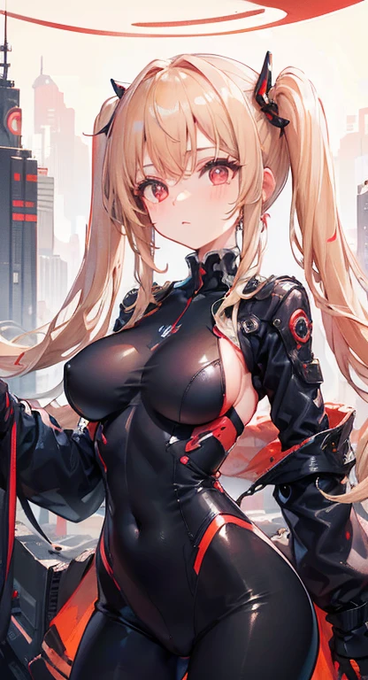 Excellent,work of art,centred, high resolution,highest quallity,hiper HD,very detailled,awardwinning,16K,standing alone,(trunk),anatomical correct,Cute cyberpunk girl,upper body photos、cute face,,blond、long hair、twin tails、braid, thin line,((scarlet eyes)),long eyelashes,drooping eyelids,Caucasian skin,((shoot head on:1.5)), ((skintight:1.5)), Top of the clock、rocket ship , (breasts big),