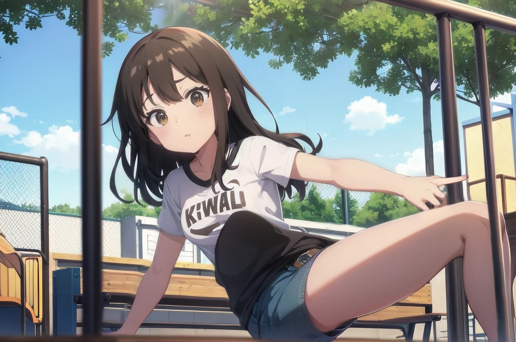 Highest quality, 8k, Junior high school girl, long brown hair, small Breasts, Horizontal bar, Forward upward circling, Lift your legs, Horizontal bar にぶら下がる, T-Shirts, Denim shorts, black knee high stockings, playground