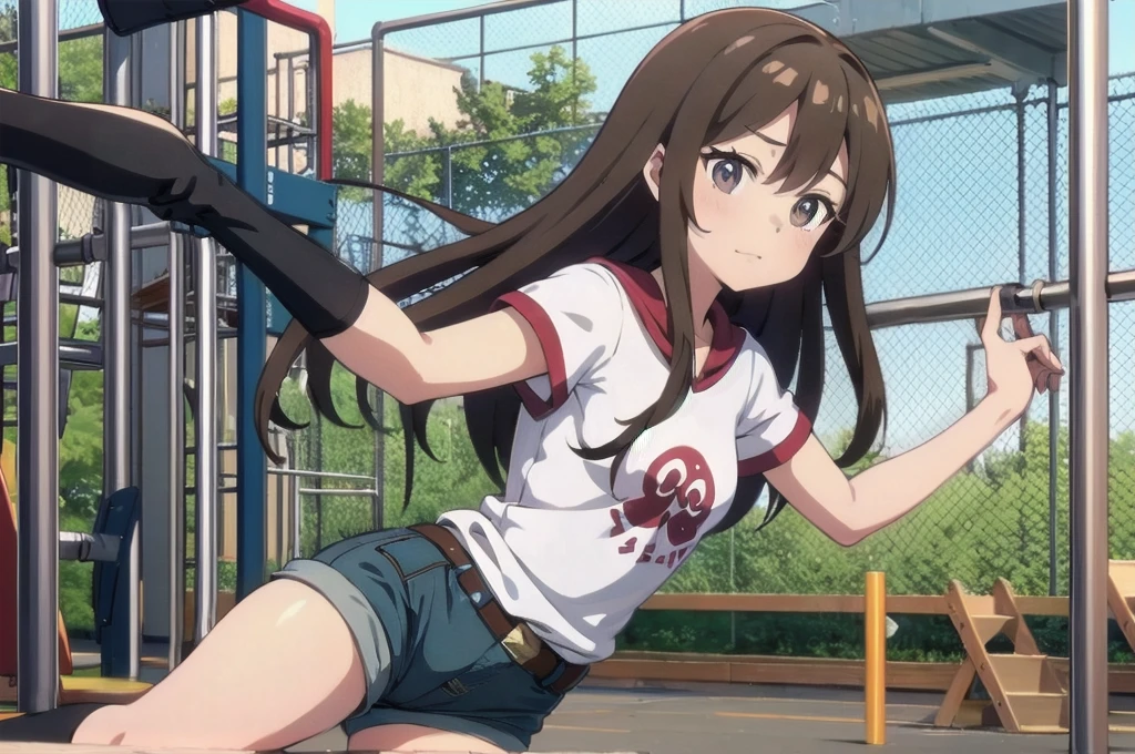 Highest quality, 8k, Junior high school girl, long brown hair, small Breasts, Horizontal bar, Forward upward circling, Lift your legs, Horizontal bar にぶら下がる, T-Shirts, Denim shorts, black knee high stockings, playground
