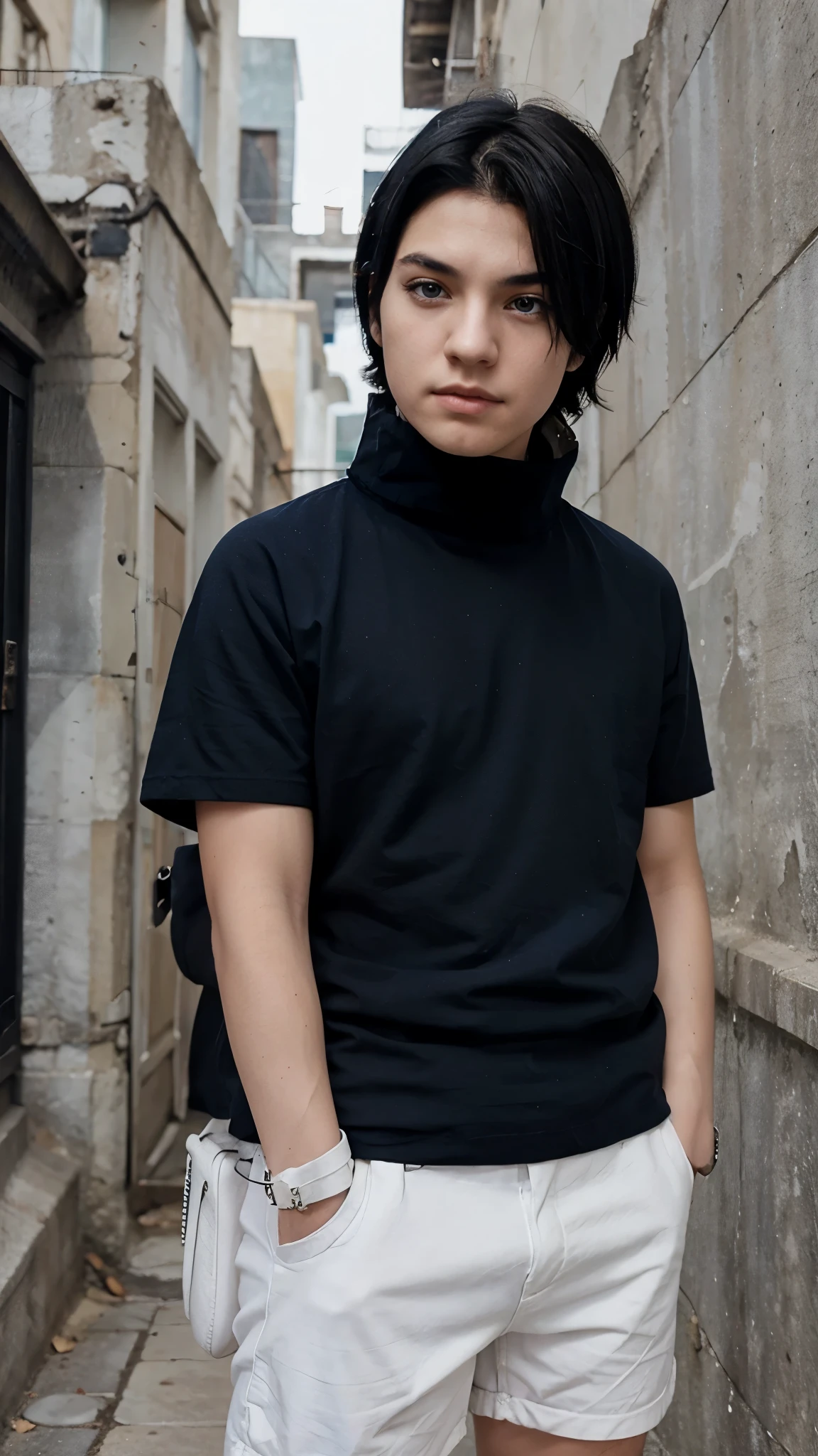 Boy, black hair, black eyes, blue high-neck blouse, white Men's shorts .