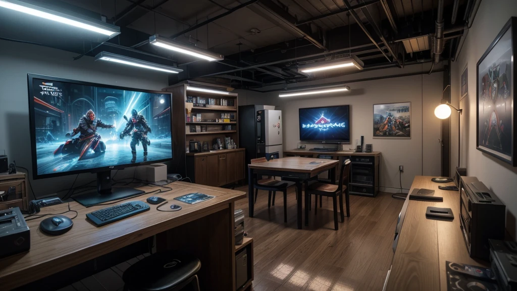 front view of a professional electronics workshop. The dark and strong red light in one corner of the room with three fluorescent lamps protected by a lattice box is the bright bluish light on the other side on the walls, illuminate . Various frames, and a vertical frame, from classic game posters to fan-made art, adornam as paredes, telling stories of heroes and villains. In the corner of the room, a robust benches form a "L", ready to receive your equipment, PCs with multiple 32-inch widescreens dominate the scene, boasting powerful graphics cards with rgb lighting and impeccable settings. . On a shelf next to, an enviable collection of games and video game consoles. From Atari classics to PlayStation 5 and Xbox Series Xs, you will find titles for all tastes and styles.