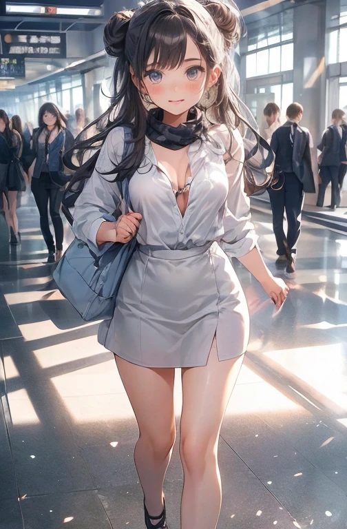 (work of art:1.2、highest quallity:1.2)、32k HDR、high resolution、(standing alone、1 girl、slender figure)、(Realistic style with Starlux Airlines uniform)、 (in the airport lobby, professional lighting)、A suitable woman, beautiful face,、(Starlux Airlines silver uniform:1.4)、(半袖のStarlux Airlines silver uniform)、(chest scarf)、breasts big、(long hair updo、hair bun)、dark brown hair、Long shot、((fine hand:2.0))、((Harmonious body proportions:1.5))、((normal limbs:2.0))、((normal finger:2.0))、((Delicate Eyes:2.0))、((normal eyes:2.0)))、Beautiful standing posture、ssmile