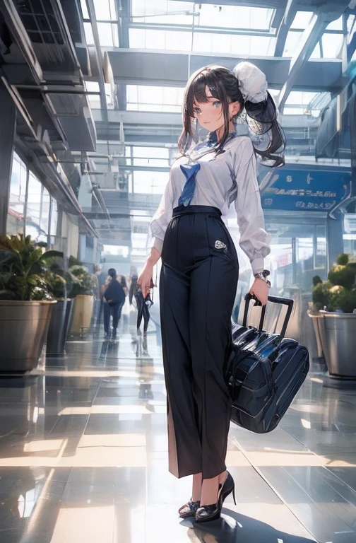 (work of art:1.2、highest quallity:1.2)、32k HDR、high resolution、(standing alone、1 girl、slender figure)、（Realistic style with Starlux Airlines uniform）、 (in the airport lobby, professional lighting)、A suitable woman, beautiful  face,、（Starlux Airlines silver uniform:1.4）、（半袖のStarlux Airlines silver uniform）、（chest scarf）、breasts big、（long hair updo、hair bun）、dark brown hair、Long shot、（（fine hand：2.0））、（（Harmonious body proportions：1.5））、（（normal limbs：2.0））、（（normal finger：2.0））、（（Delicate Eyes：2.0））、（（normal eyes：2.0））)、Beautiful standing posture、ssmile