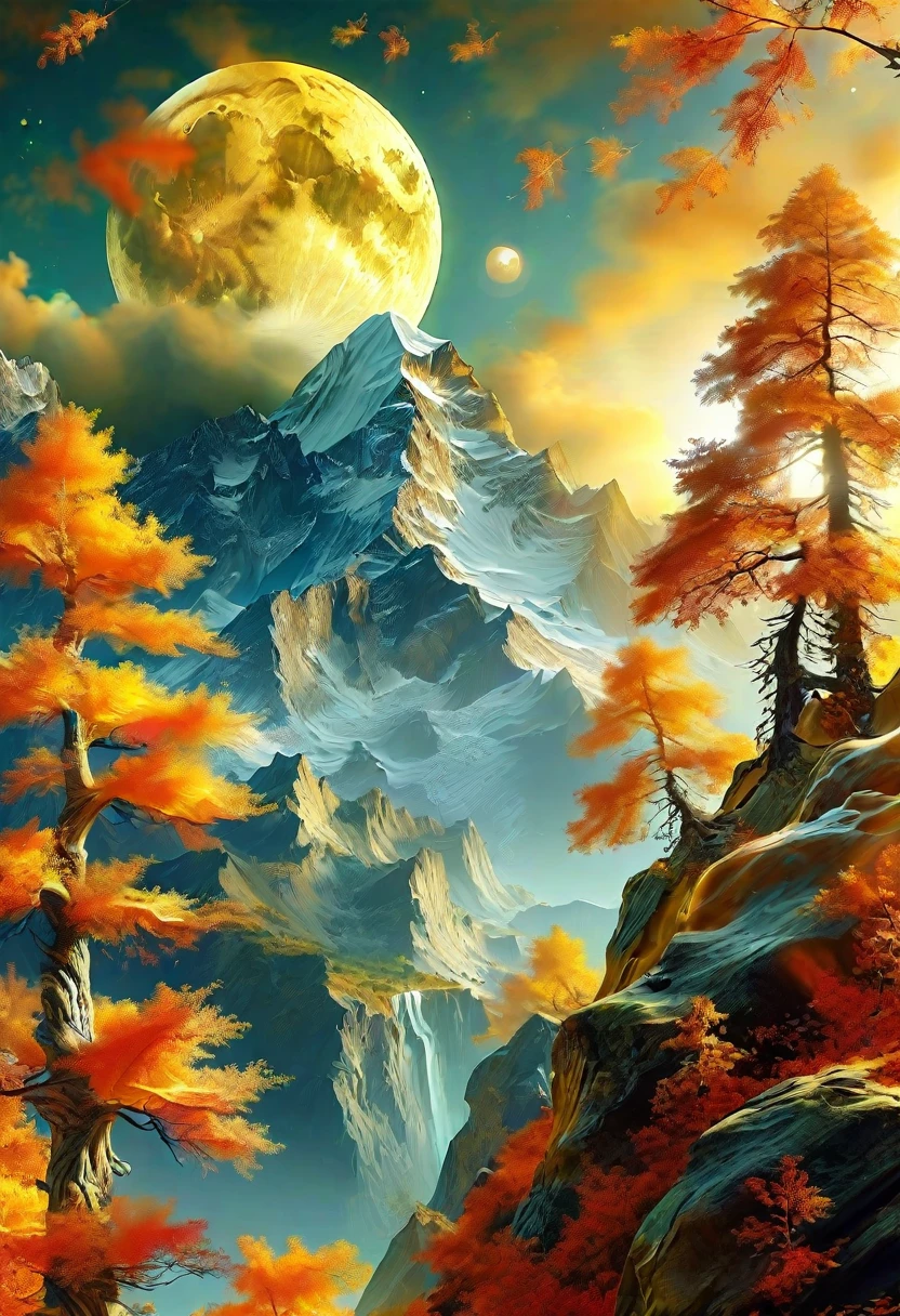  painting of a mountain landscape with a moon in the sky, by Johfra Bosschart, fantasy art, golden glow, mobile wallpaper, on a planet of lush foliage, made of tree and fantasy valley, amazingly epic visuals, fractal landscape, beautiful avatar pictures, intricate and epic composition, amazing landscape in background, autumn night, ascending universes, beautiful iphone wallpaper --ar 3:5