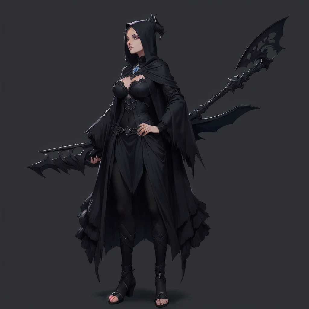 a woman in a black outfit holding a large scyther, dark fantasy character design, dark witch character, dark sorceress full view, dark cloaked necromancer, female necromancer, human :: sorceress, necromancer sorceress, dark concept art, full body concept, dark sorceress fullbody pose